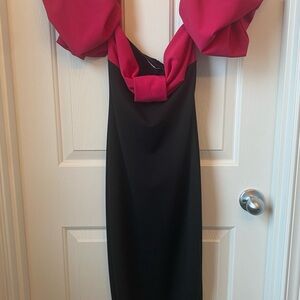 Boohoo Pink and Black Sheath Dress with Puff Sleeves